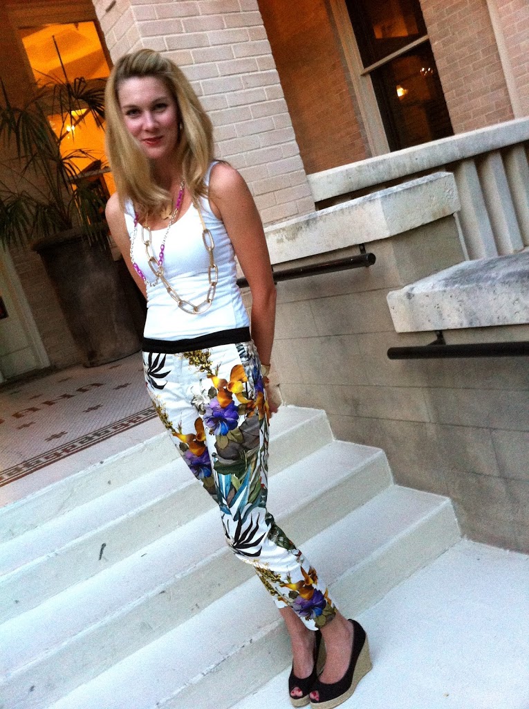 c. style, c style, carly lee, carly lee houston, c. style blog, floral trend, zara, hsn, tori spelling necklace, hsn tori spelling, j. crew, j. crew straw clutch, j. crew factory, floral pants, how to wear floral pants, black wedge, steve madden, black wedge steve madden, nordstrom tank, camisole gap body, bp white tank