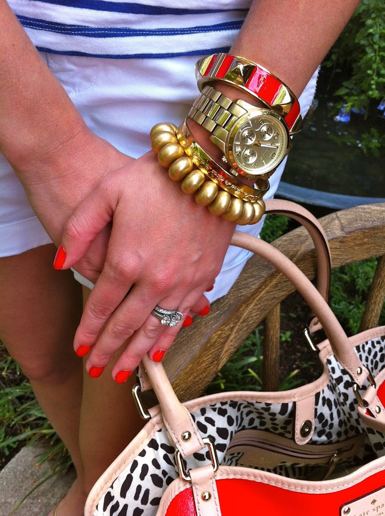 C. Style Blog, Color on the nails, red and gold j. crew factory bracelet, michael kors gold watch, kate spade gold bangle strength in numbers, kate spade sophie purse, 