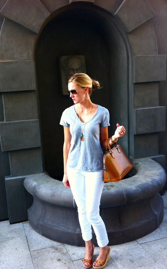 C&C grey t-shirt, ag stevie white jean, lv epi leather bag, jessica simpson tan sandals, j. silver classic gold necklace, noonday collection gold necklace, anthropologie ag jeans, grey t-shirt, grey with brown accessories, beyond baroque dallas tx, beyond baroque necklace, nutcracker market, carly lee, c. style, c-style, wardrobe consultant, personal stylist, reinvent your closet 