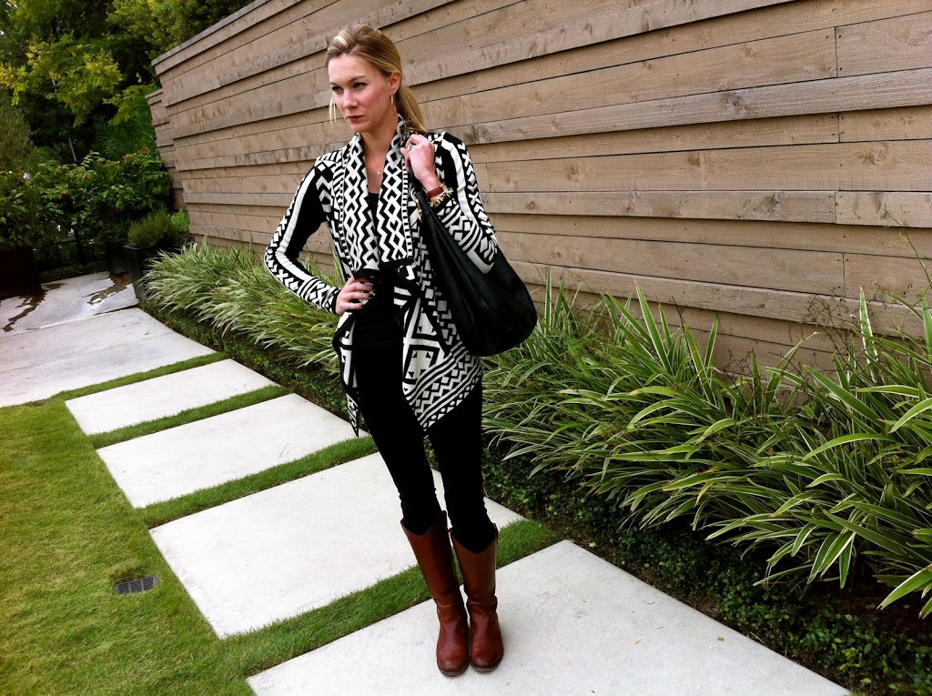 black with brown boots, black zara jeggings, black and cream urban outfitters sweater, black and white open cardigan, black and white urban outfitters sweater, frye boots in cognac, nordstrom frye boots, melissa button frye boots, c. style blog, cstyleblog, carly lee, carly s. lee, c-style blog