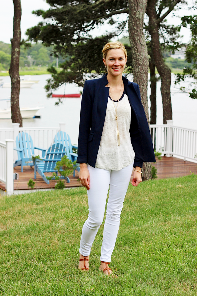 Blazer, Nordstrom, J.Crew Linen Tee, J Brand, White Jeans, K. Jacques Sandals, Giles and Brother, Summer, Travel Outfit, Cape Cod, Halogen