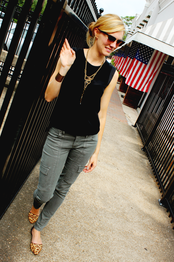 Black Silk Tank, Versatile, Green Army Pants, Leopard Flats