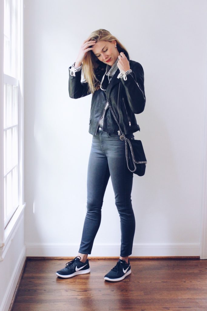 Topshop Leather Moto Jacket 7 For All Mankind Jeans Nike Sneakers Stella McCartney crossbody
